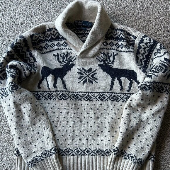 Ralph Lauren Men’s Large Sweater Cream Reindeer Winter Grandpa Cozy Classic - Picture 1 of 14